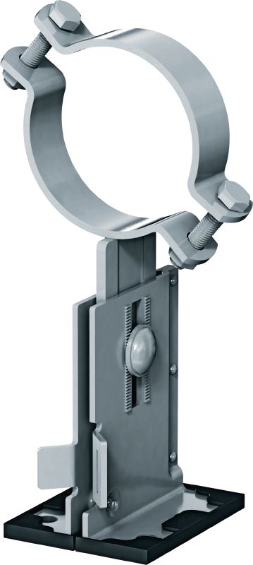 Abrazadera doble con placa MP-PS 1-1 Abrazadera doble con placa de revestimiento exterior (OC) con ajustabilidad de altura y pendiente para aplicaciones industriales pesadas con diámetros de tubería exteriores de 21-173 mm (1/2 hasta 6)
