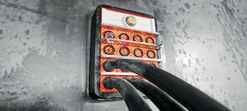 Módulos de sellado CFS-T EMC Módulos con compatibilidad electromagnética para el sellado de atravesamientos de cables/tuberías en marcos de tránsito en situaciones en las que se requiere una alta estanqueidad al agua y los gases, así como protección contra incendios Aplicaciones 1