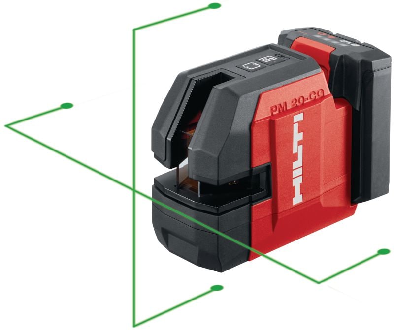 Láser de línea cruzada y plomada PM 20-CG 12V Láser combinado de luz verde con 2 líneas y 4 puntos para tareas de fontanería, nivelado, alineaciones y realización de escuadras (plataforma de batería de 12 V)
