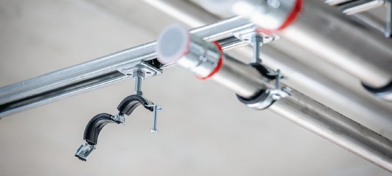 Abrazadera de tuberías de cierre rápido de carga ligera MP-L-I Abrazadera de tuberías zincada con aislamiento acústico y cierre rápido para una alta productividad en aplicaciones de carga ligera Aplicaciones 1